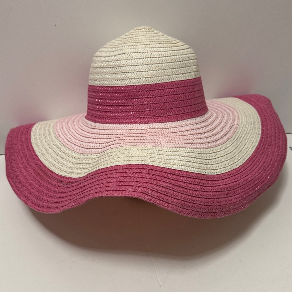 Women's Wide Brim Straw Sun Hat - Pink & Cream